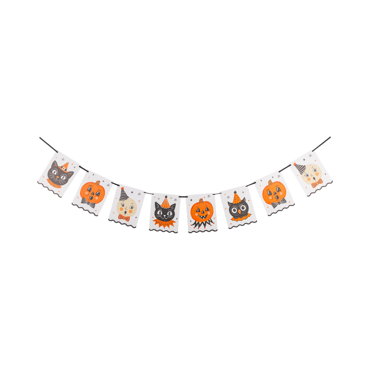 Vintage Halloween character banner strung out flat, showing the characters (cats, pumpkins, and moons). 
