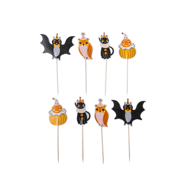 8 vintage Halloween cupcake toppers on wooden picks, 2 each of a bat, owl, black cat, and pumpkin clown in party hats