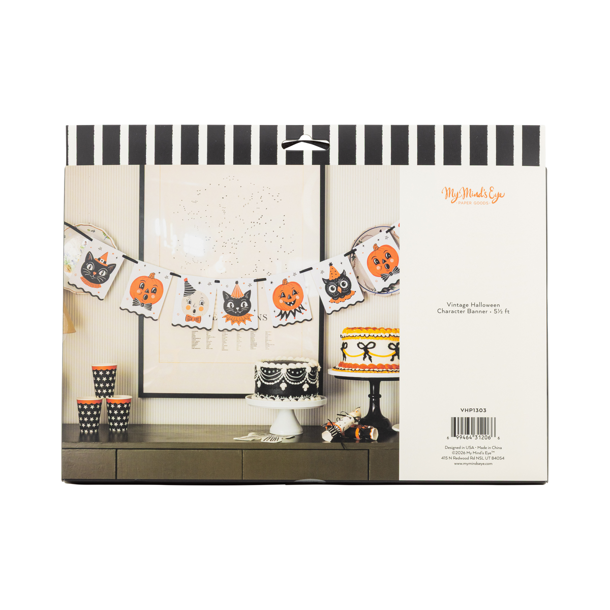 Halloween-themed product packaging with decorative items on a white background, back view.