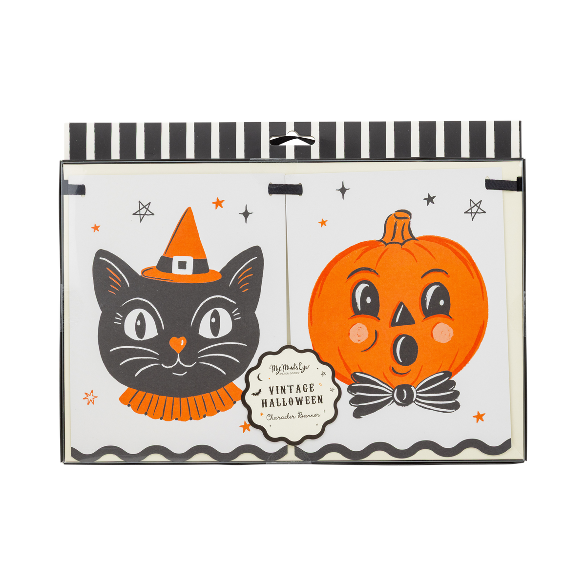 Halloween-themed vintage character banner product packaging with a black cat and orange pumpkin design, front view.