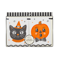 Halloween-themed vintage character banner product packaging with a black cat and orange pumpkin design, front view.