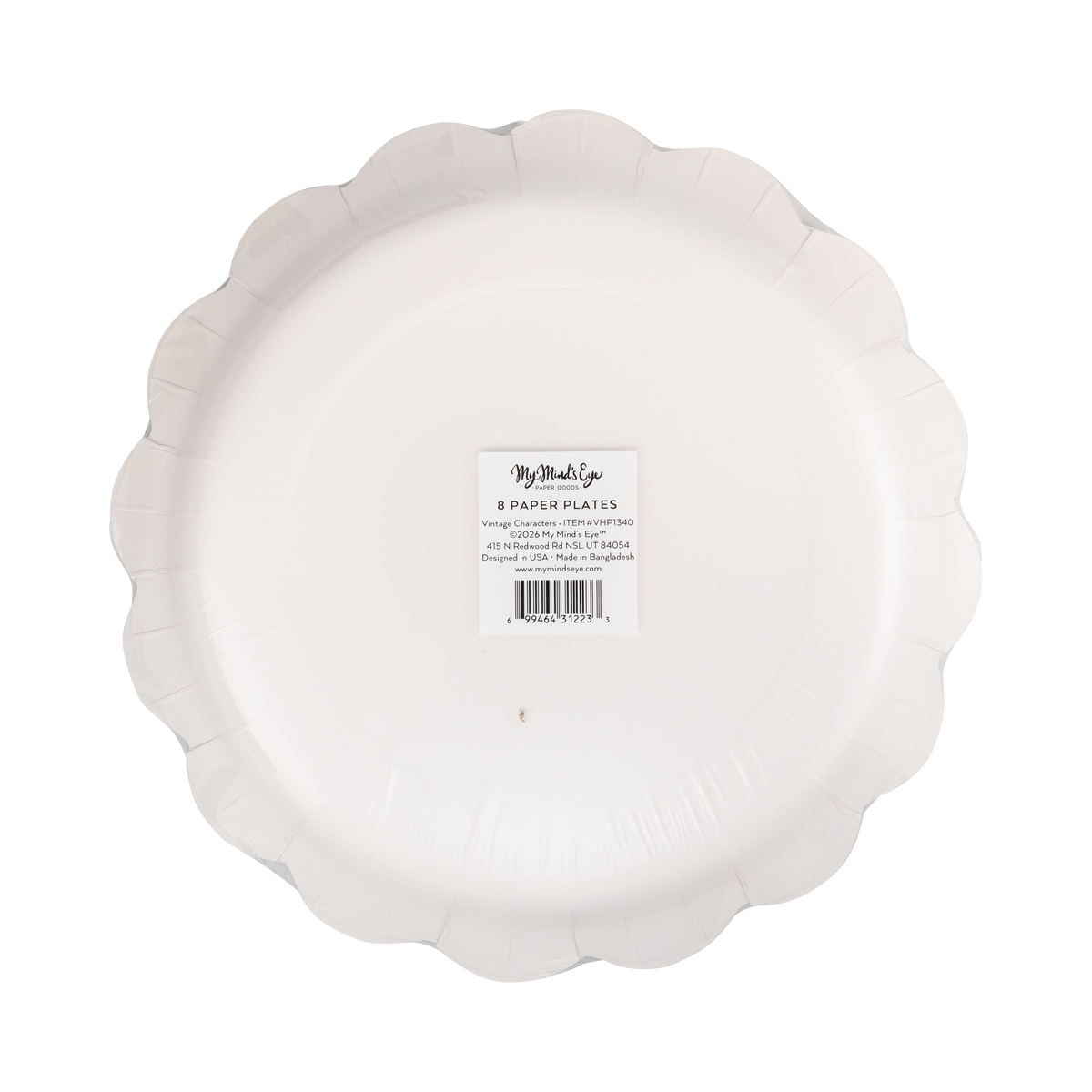 Back view of a stack of paper plate with a brand label on a clear packaging, 