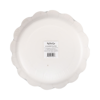 Back view of a stack of paper plate with a brand label on a clear packaging, 