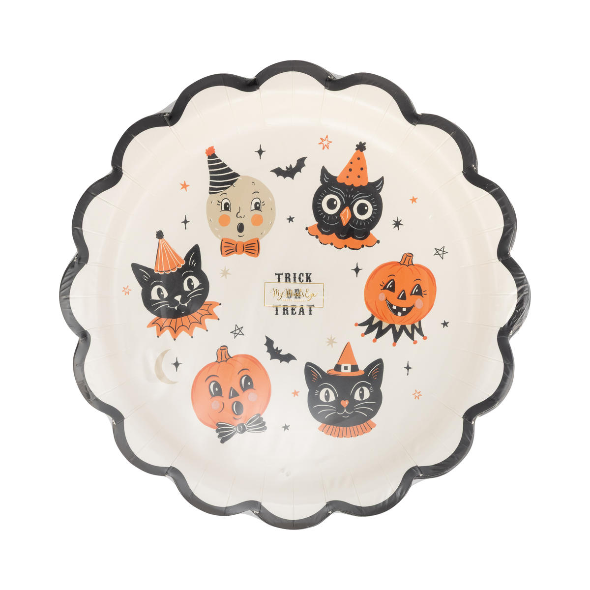 Halloween-themed decorative plate with cartoonish moon, owl, cats, and pumpkins on a clear packaging.