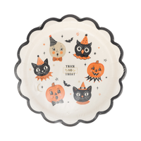 Halloween-themed decorative plate with cartoonish moon, owl, cats, and pumpkins on a clear packaging.