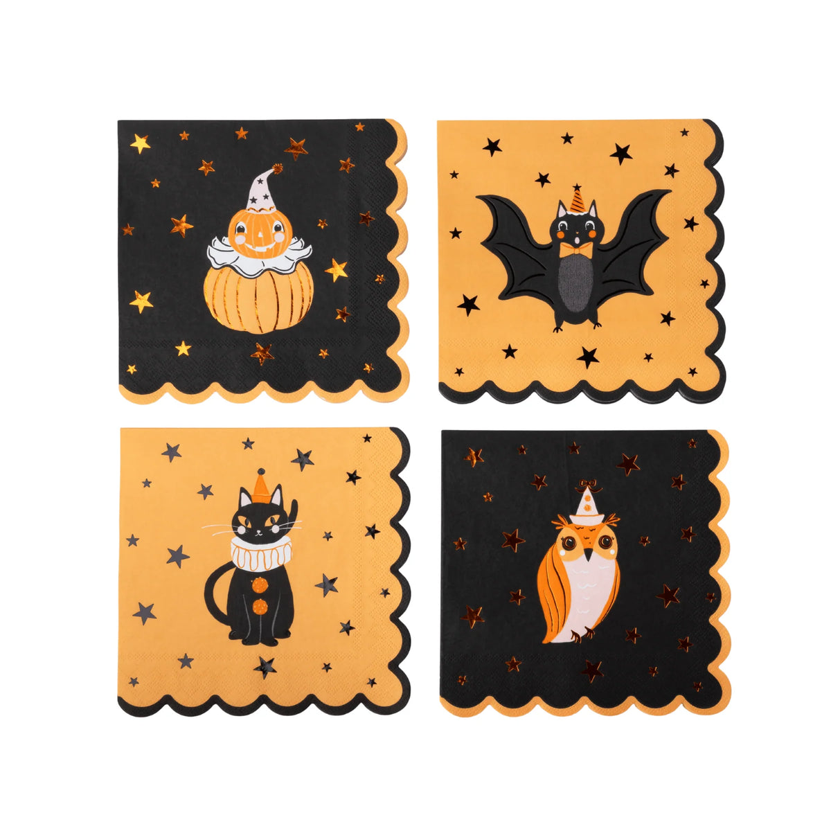 4 vintage Halloween character paper napkins with scalloped edges: pumpkin clown and owl on black, bat and black cat on orange, with foil stars