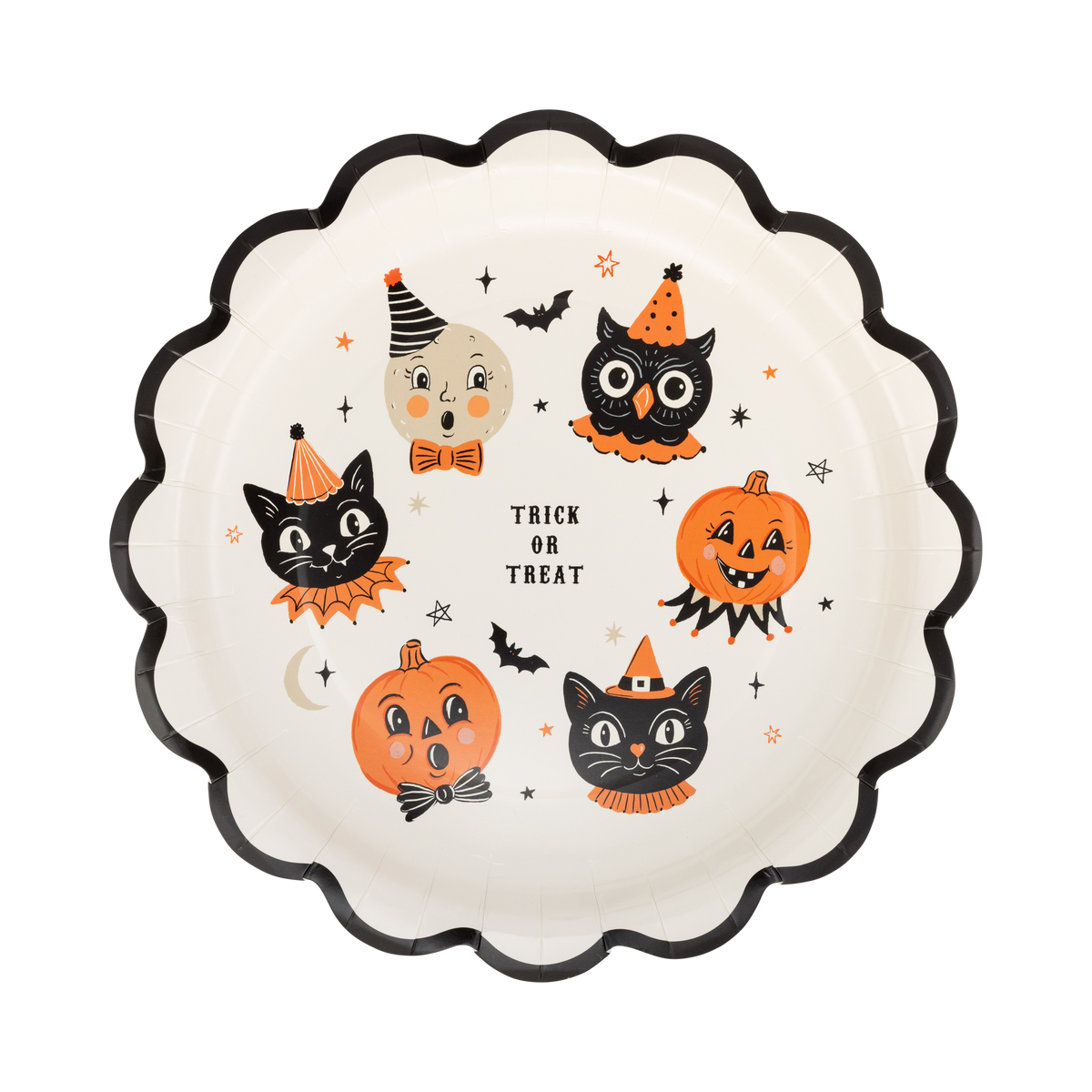 Cream scalloped paper plate with vintage trick-or-treat character icons, front view.