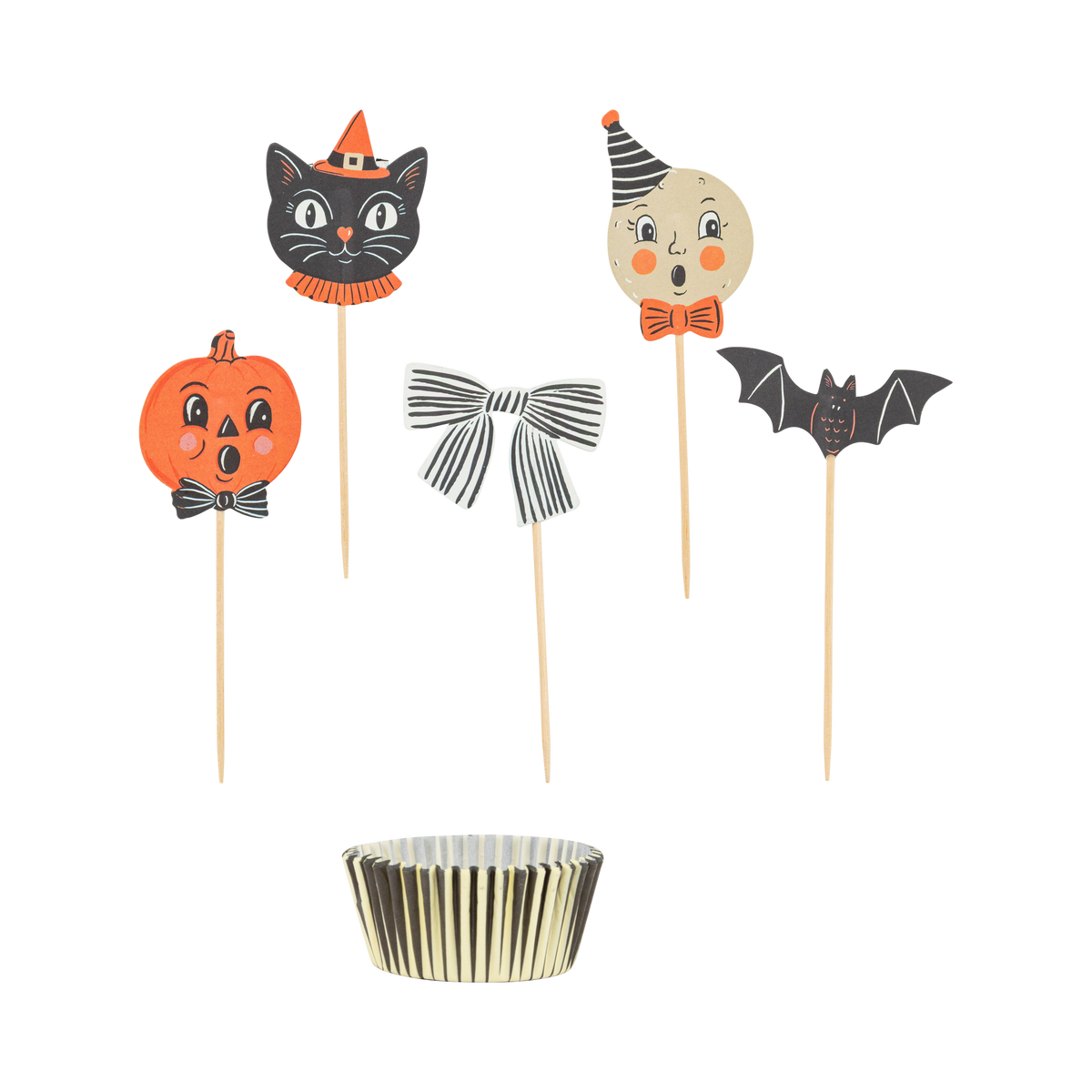 Halloween-themed cupcake toppers with a black and gold cupcake liner.