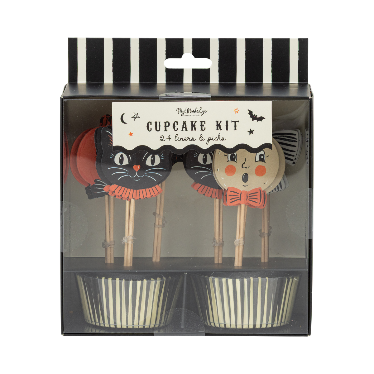 Halloween-themed cupcake kit packaging with black and white striped lid, front view.