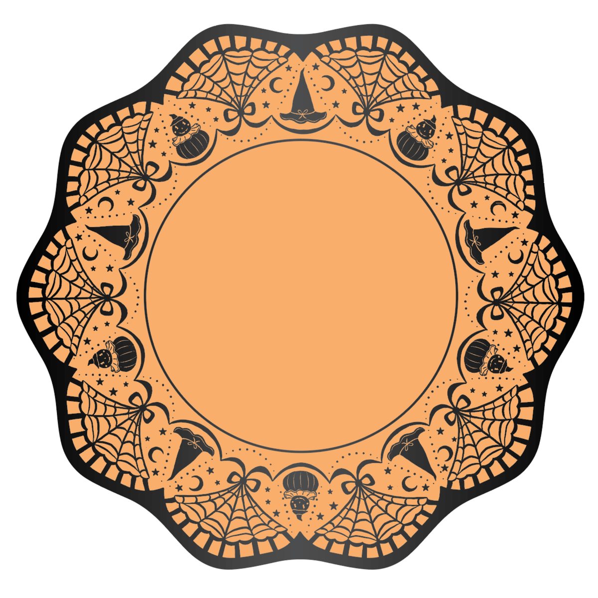 Scalloped orange art deco vintage Halloween dinner plate with an intricate black geometric border of spiderwebs, witch hats, jack-o'-lanterns, bows, crescent moons, and stars around a clean orange center, overhead view.