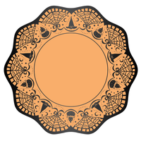 Scalloped orange art deco vintage Halloween dinner plate with an intricate black geometric border of spiderwebs, witch hats, jack-o'-lanterns, bows, crescent moons, and stars around a clean orange center, overhead view.