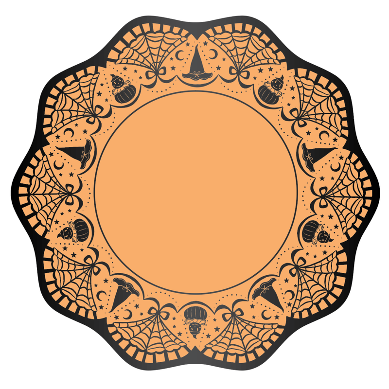 Scalloped orange art deco vintage Halloween dinner plate with an intricate black geometric border of spiderwebs, witch hats, jack-o'-lanterns, bows, crescent moons, and stars around a clean orange center, overhead view.