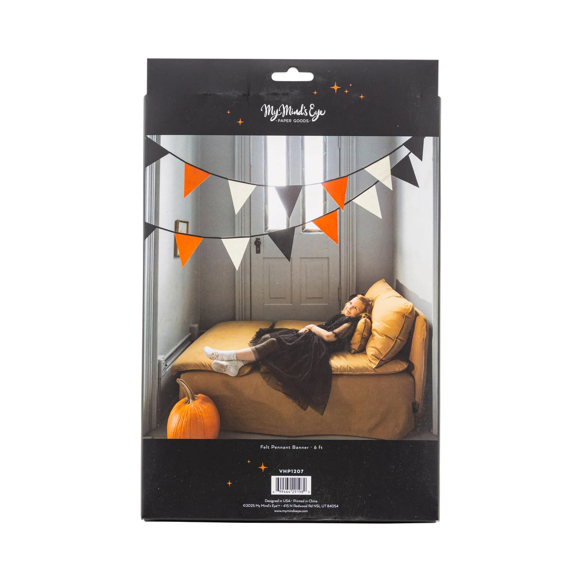 Back of package showing vintage Halloween felt pennant banner styled above a bed, 6-ft length.