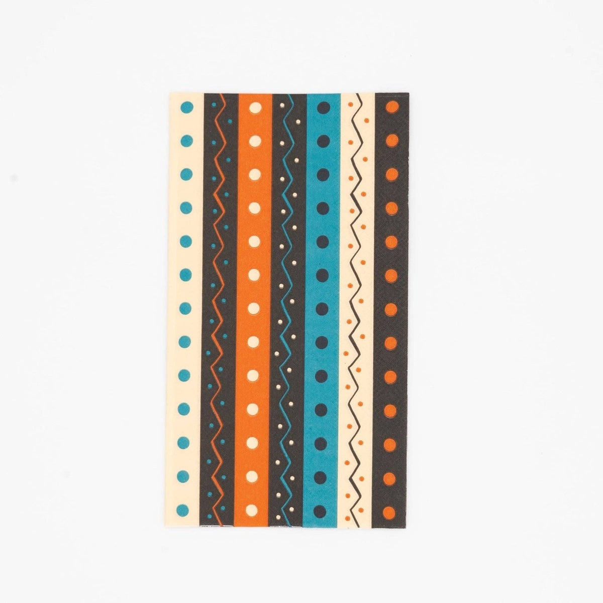 Vintage Halloween guest towel with a vertical retro stripe pattern in teal, orange, black, and cream ric-rac and dots, flat view on white background.