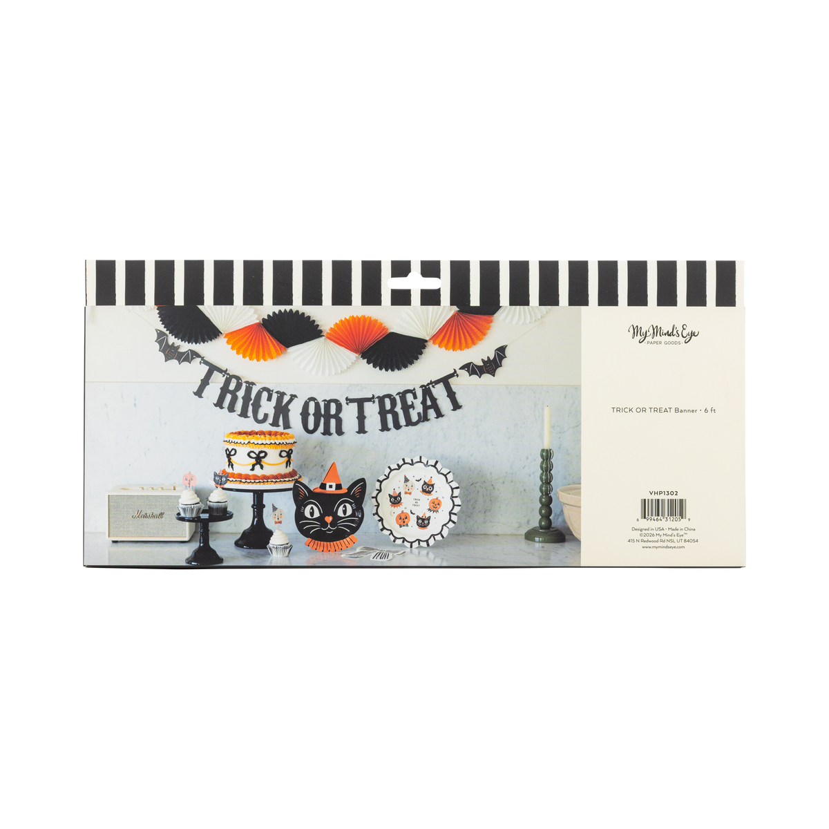 Halloween-themed product set with 'Trick or Treat' banner, back view packaging.