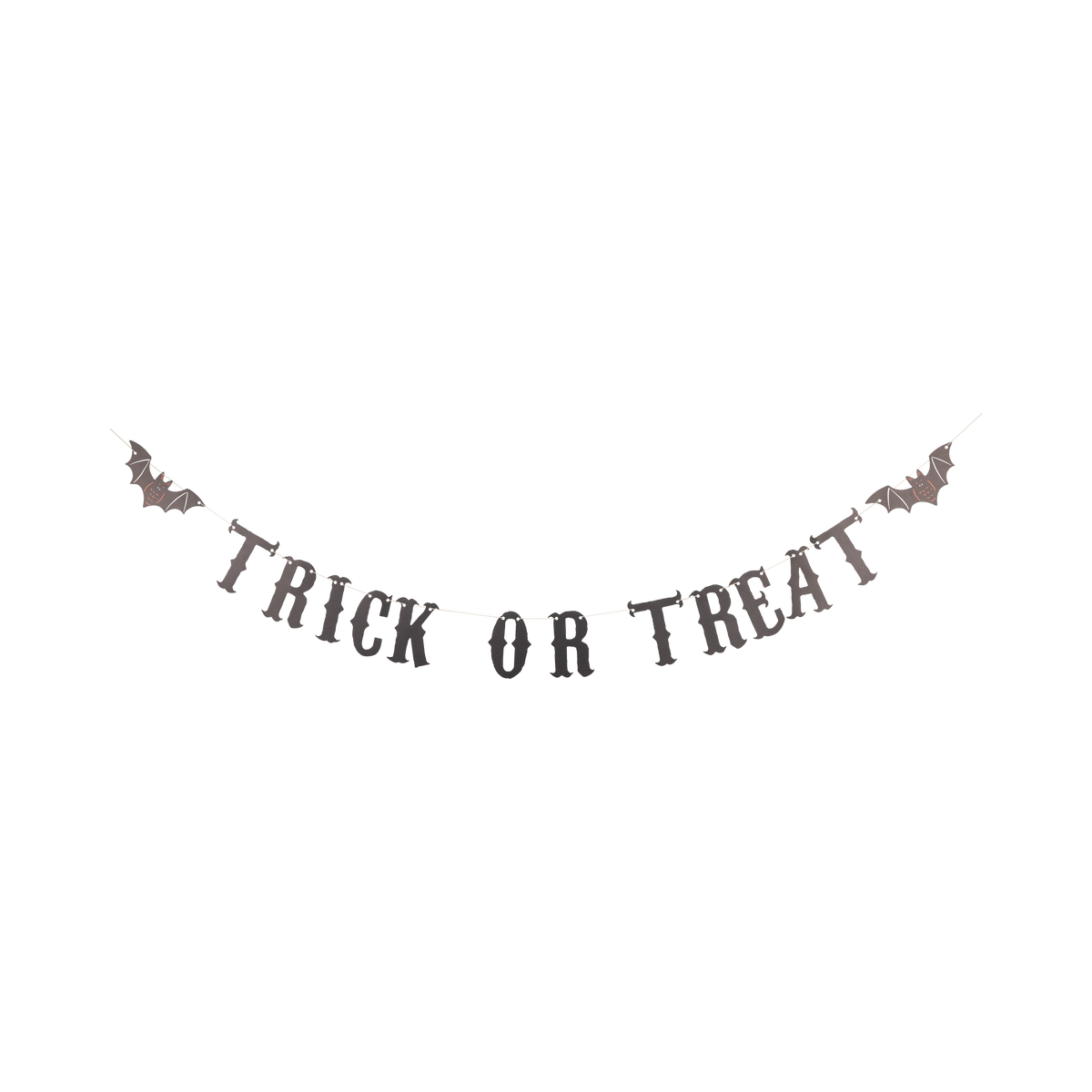 TRICK OR TREAT vintage paper letter banner with a bat on each end, shown strung out flat.