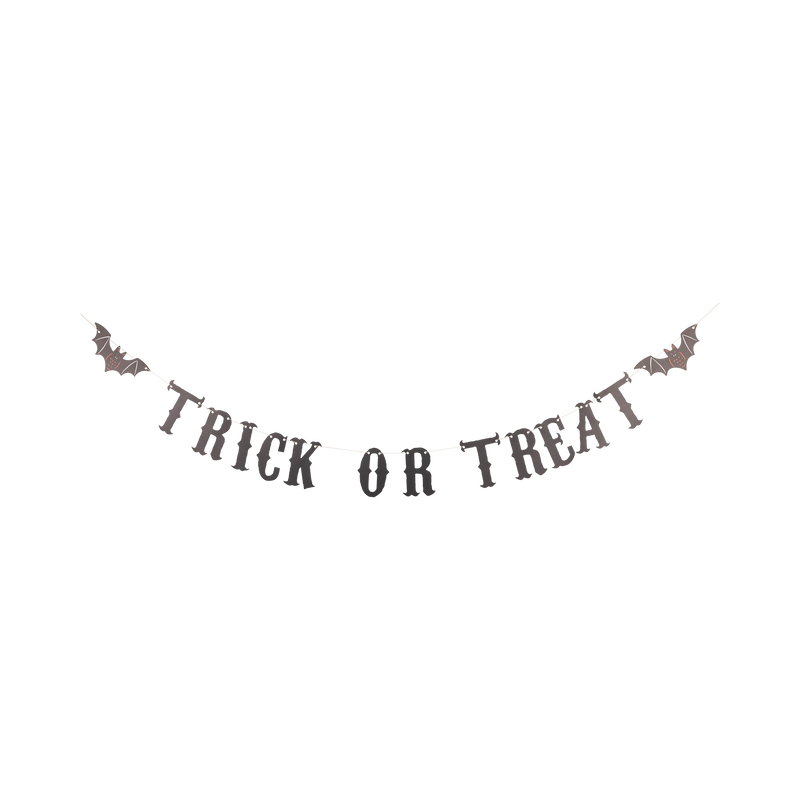 TRICK OR TREAT vintage paper letter banner with a bat on each end, shown strung out flat.