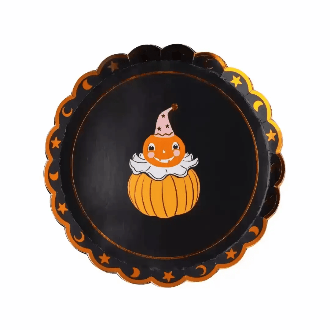 Single black vintage Halloween plate with an owl and an orange scalloped rim.