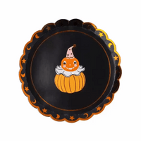 Single black vintage Halloween plate with an owl and an orange scalloped rim.
