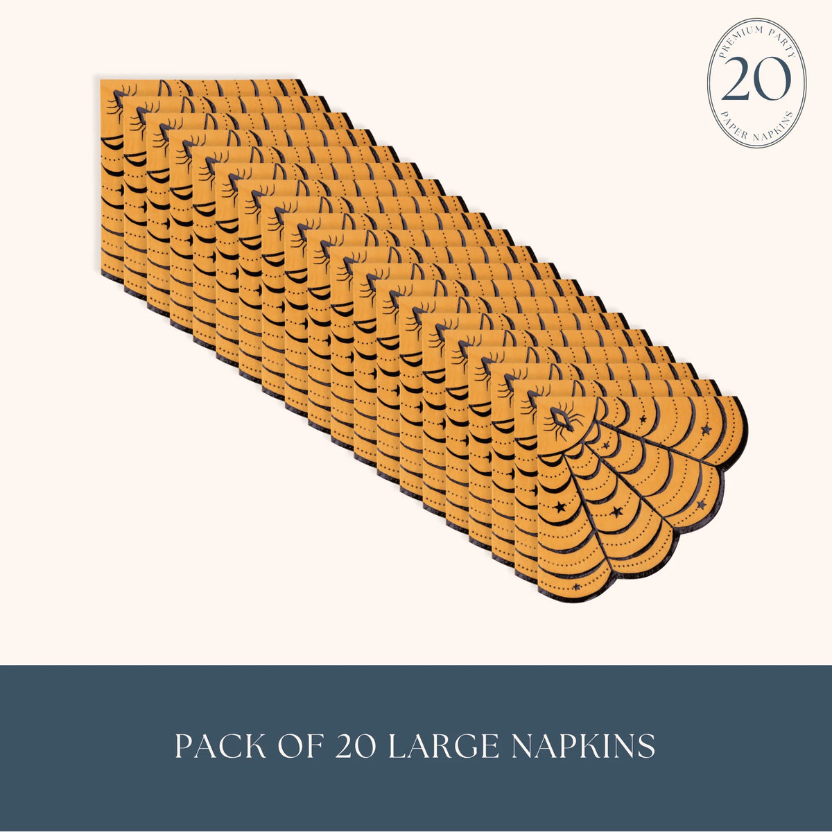 Fanned row of 20 orange and black art-deco scalloped vintage Halloween napkins with a "Pack of 20 Large Napkins" label and a premium party seal.