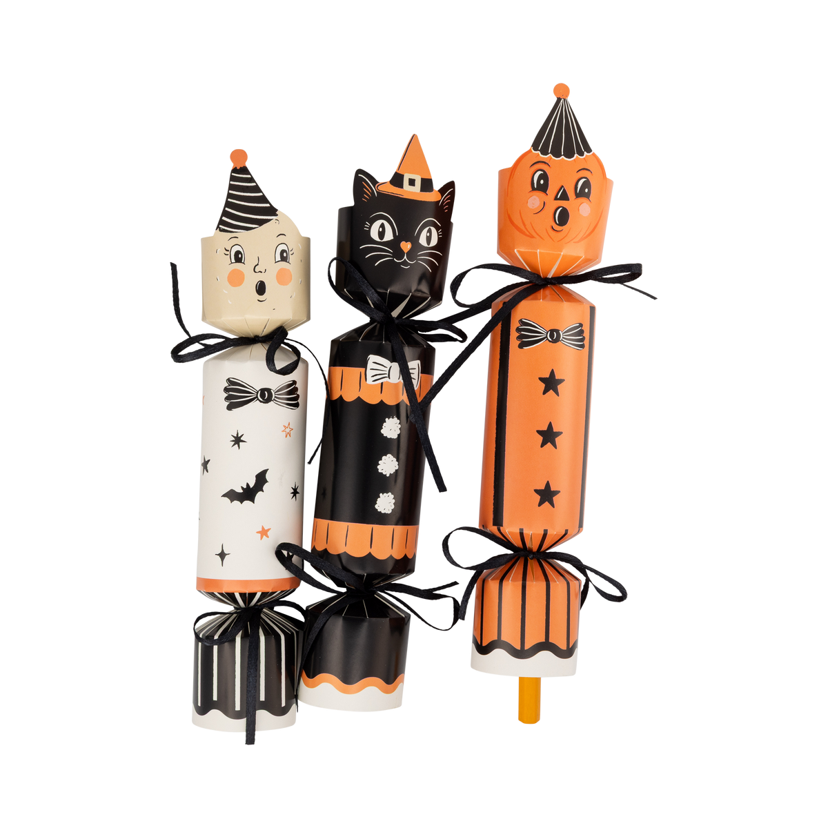 Three Halloween-themed party crackers with cat, witch, and moon designs.