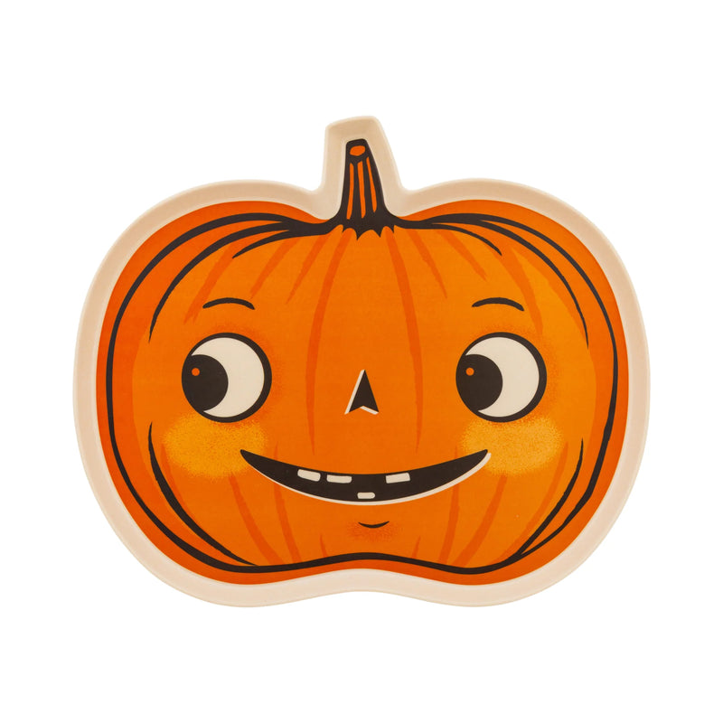 Vintage Halloween pumpkin bamboo tray with smiling jack-o’-lantern face, 17 x 14.5 inch serving tray.