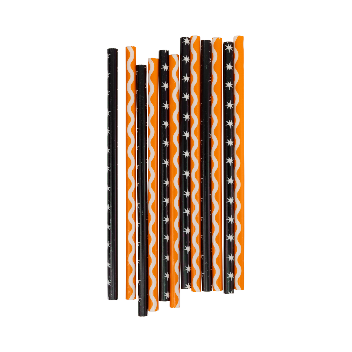 Set of vintage Halloween reusable straws in cream-stars-on-black and ric-rac-on-orange patterns, laid flat.
