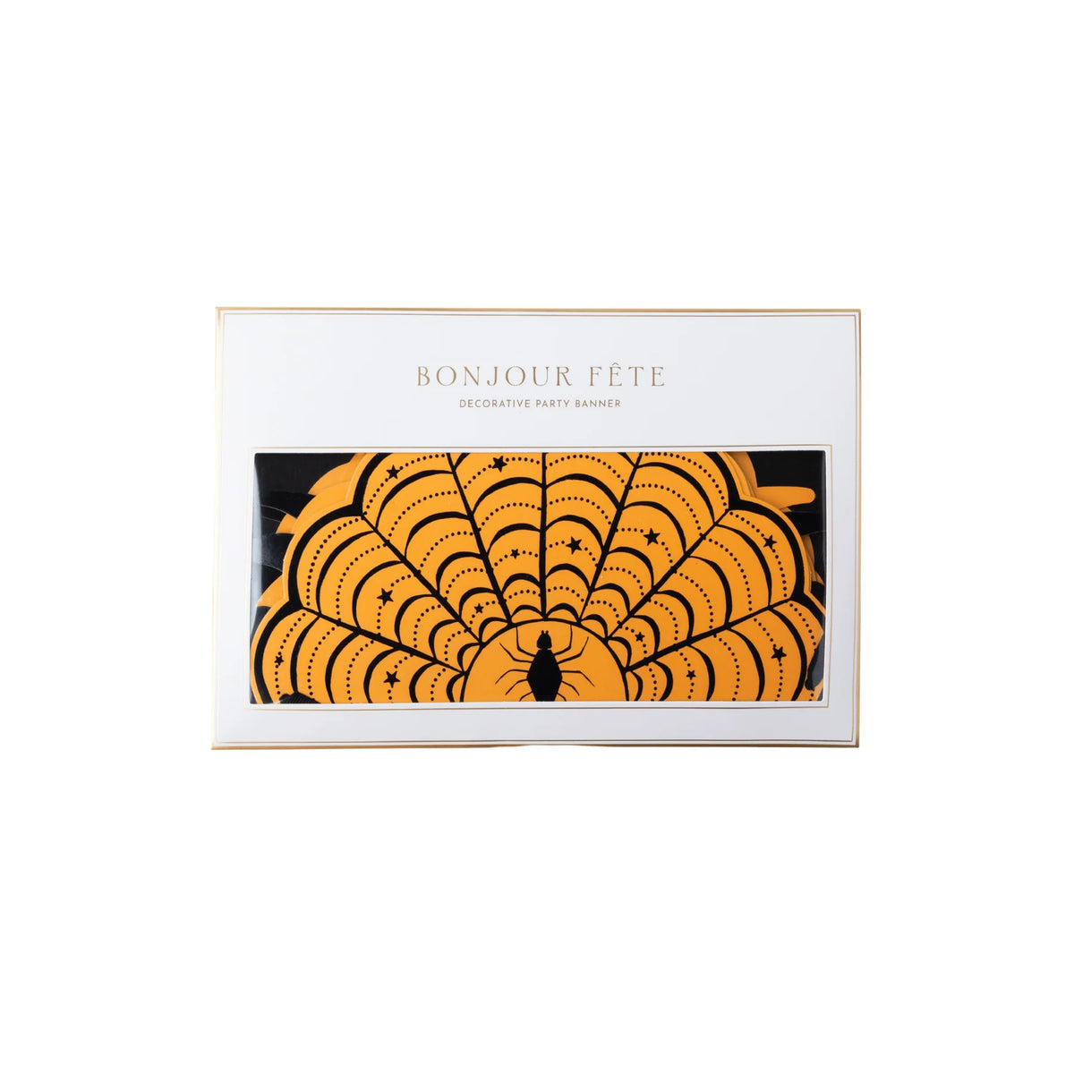 Vintage Halloween spiderweb banner in gift packaging, showing an orange scalloped web panel with a black spider
