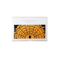 Vintage Halloween spiderweb banner in gift packaging, showing an orange scalloped web panel with a black spider