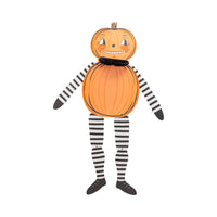 Grinning orange pumpkin character with adjustable arms and legs, ideal Halloween wall decor for entryways and mantels.