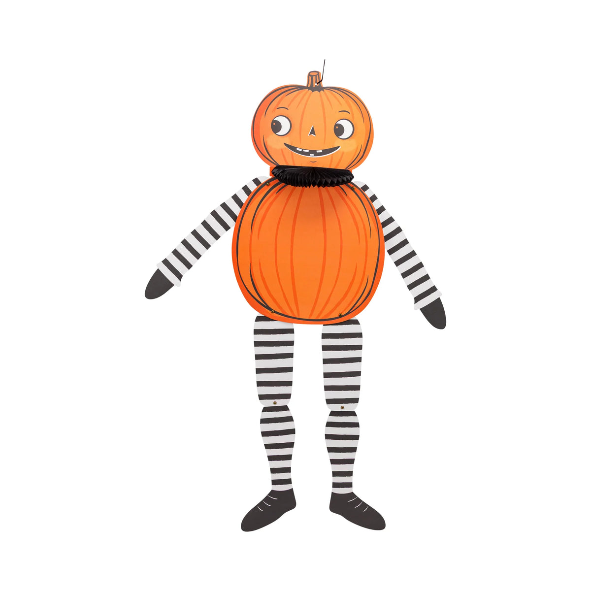 Single orange pumpkin character with jointed striped limbs and black ruffle collar; poseable hanging Halloween decoration.