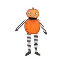 Single orange pumpkin character with jointed striped limbs and black ruffle collar; poseable hanging Halloween decoration.