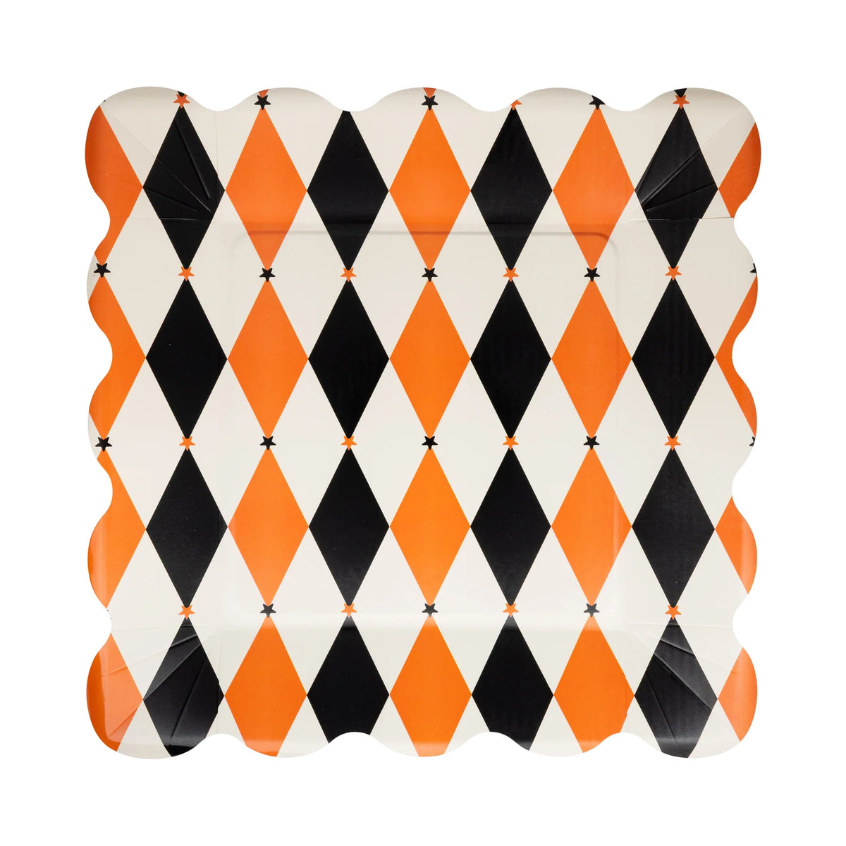 Single 11-inch square harlequin paper plate in orange, black, and cream with scalloped rim on white background.