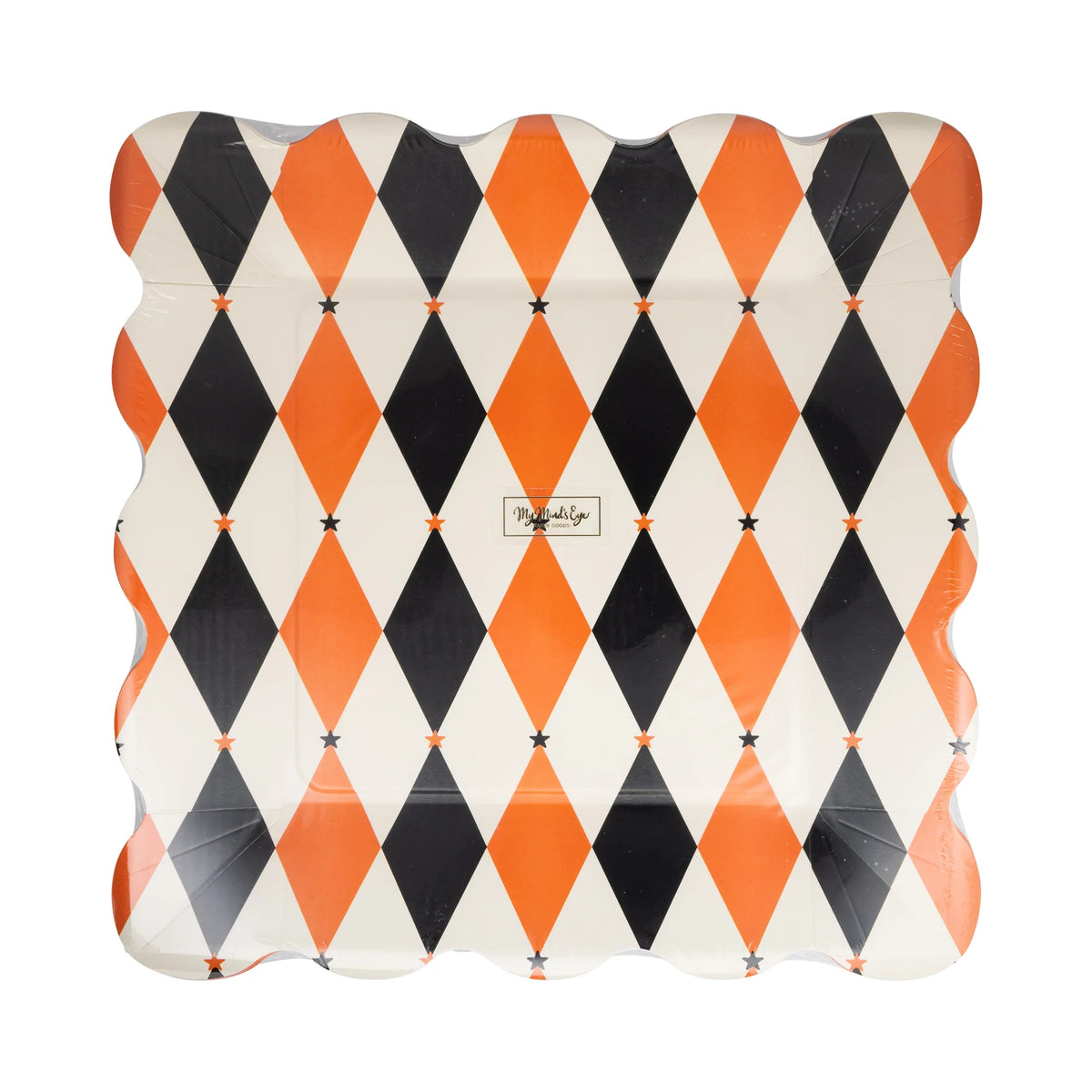 Front package showing orange and black harlequin diamond dinner plates with scalloped edge, pack of 8.