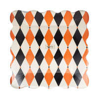 Front package showing orange and black harlequin diamond dinner plates with scalloped edge, pack of 8.
