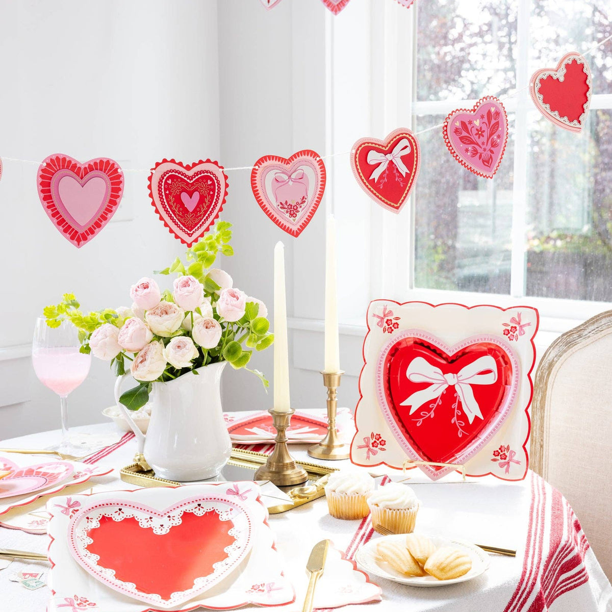 Vintage Heart Shaped Plate Set styled on a Valentine’s Day table with candles and florals