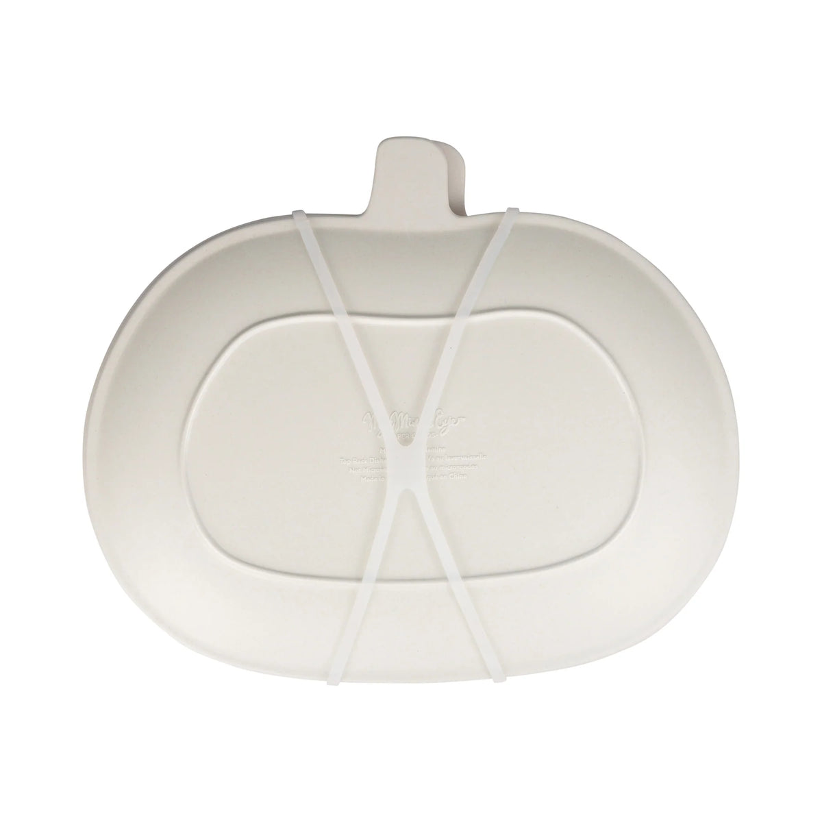 Back of bamboo melamine pumpkin plate showing cream reverse and product label.
