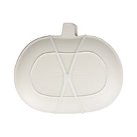 Back of bamboo melamine pumpkin plate showing cream reverse and product label.