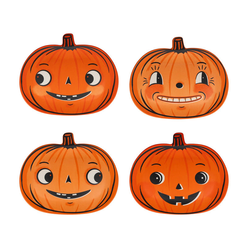 Set of four vintage pumpkin bamboo plates with different retro jack-o’-lantern faces, 10x8 inches.
