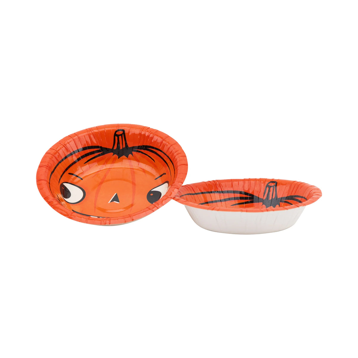Two Vintage Pumpkin paper bowls shown from the side and top to display depth and retro pumpkin print.