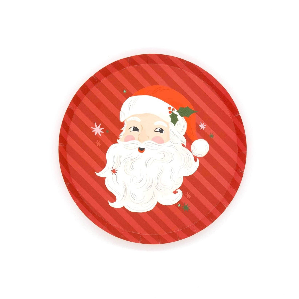 Red candy-cane-stripe dessert plate with a vintage Santa face, holly, and star accents.