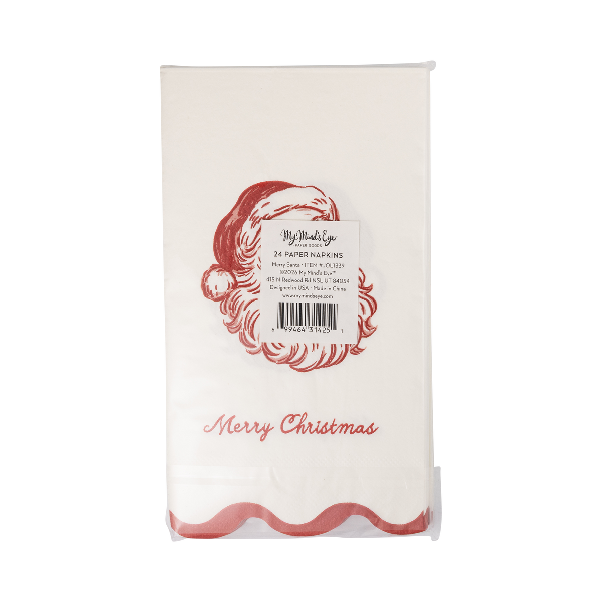 Back of the vintage Santa dinner napkins packaging showing product details and barcode