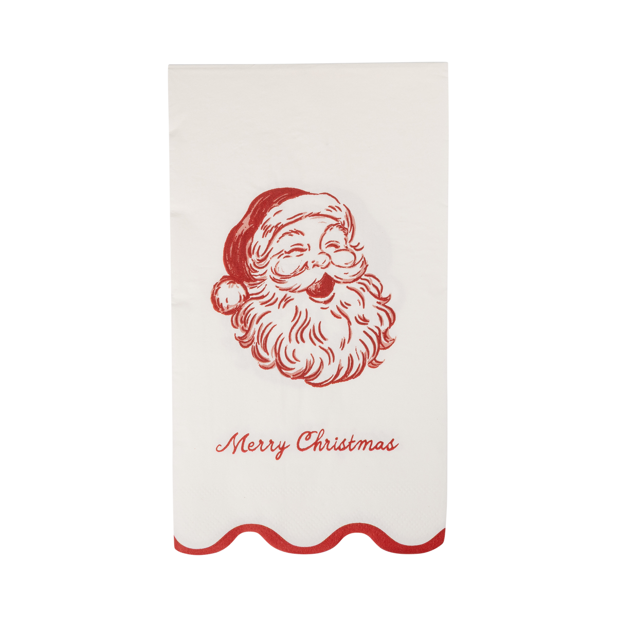 Cream vintage Santa paper dinner napkin with red Santa illustration and Merry Christmas lettering