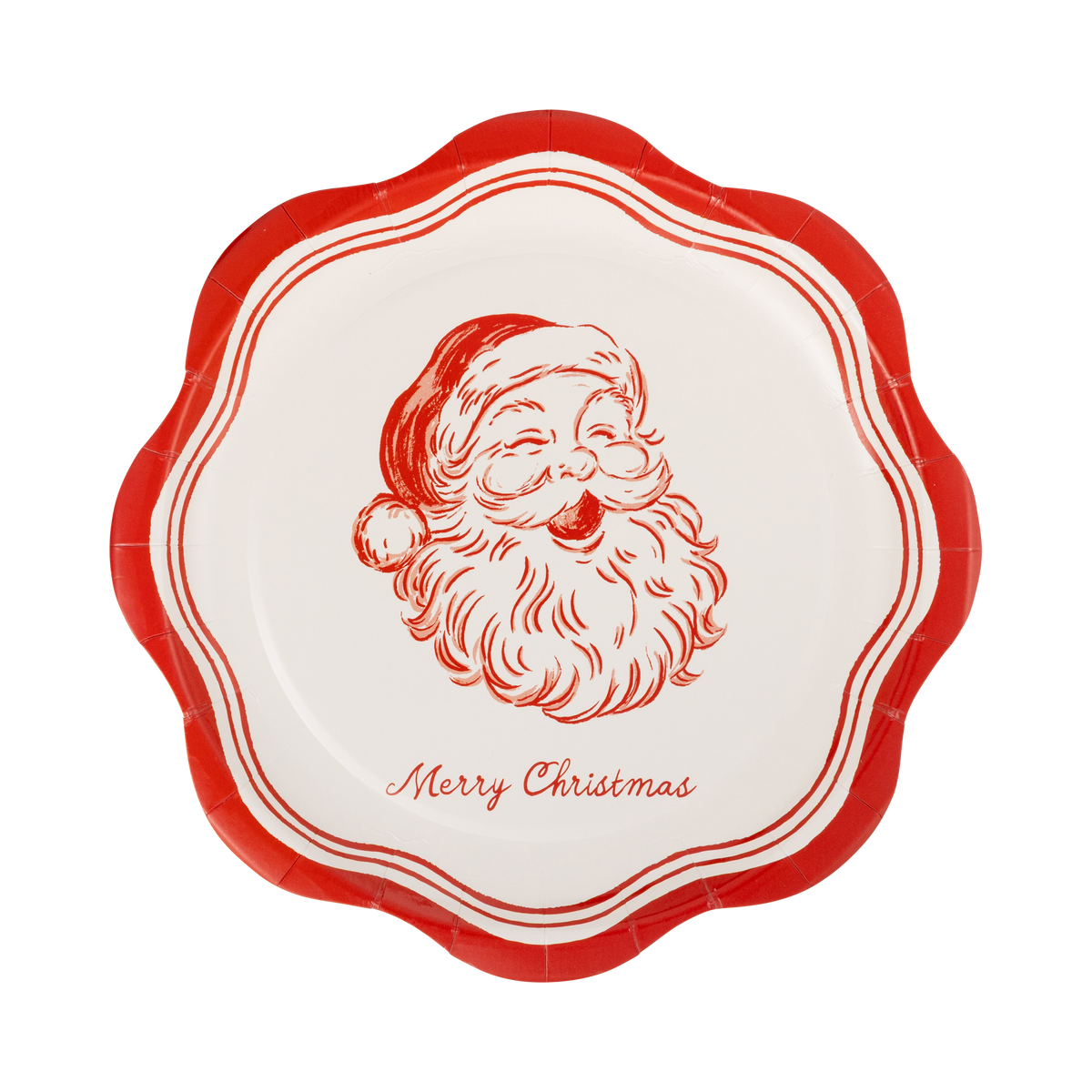 Cream vintage Santa paper salad plate with red Santa illustration and Merry Christmas lettering
