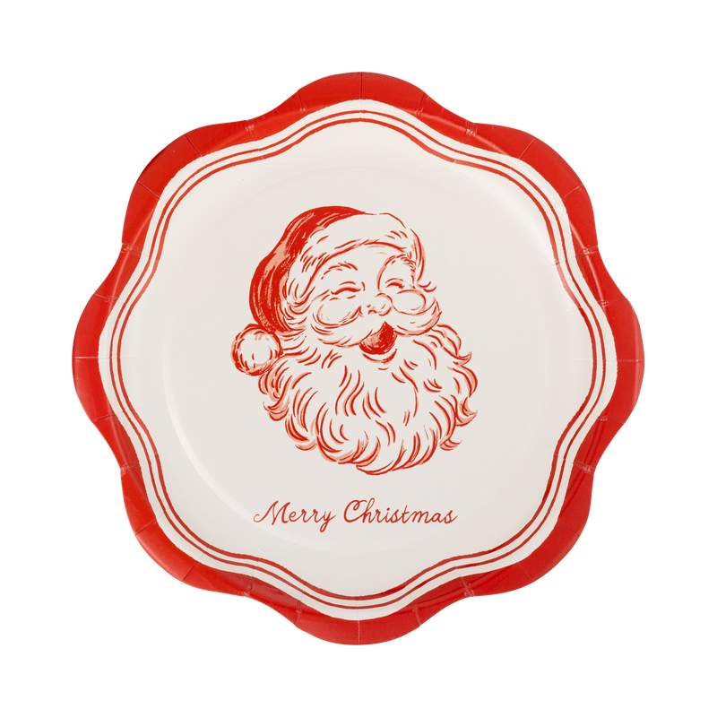 Cream vintage Santa paper salad plate with red Santa illustration and Merry Christmas lettering