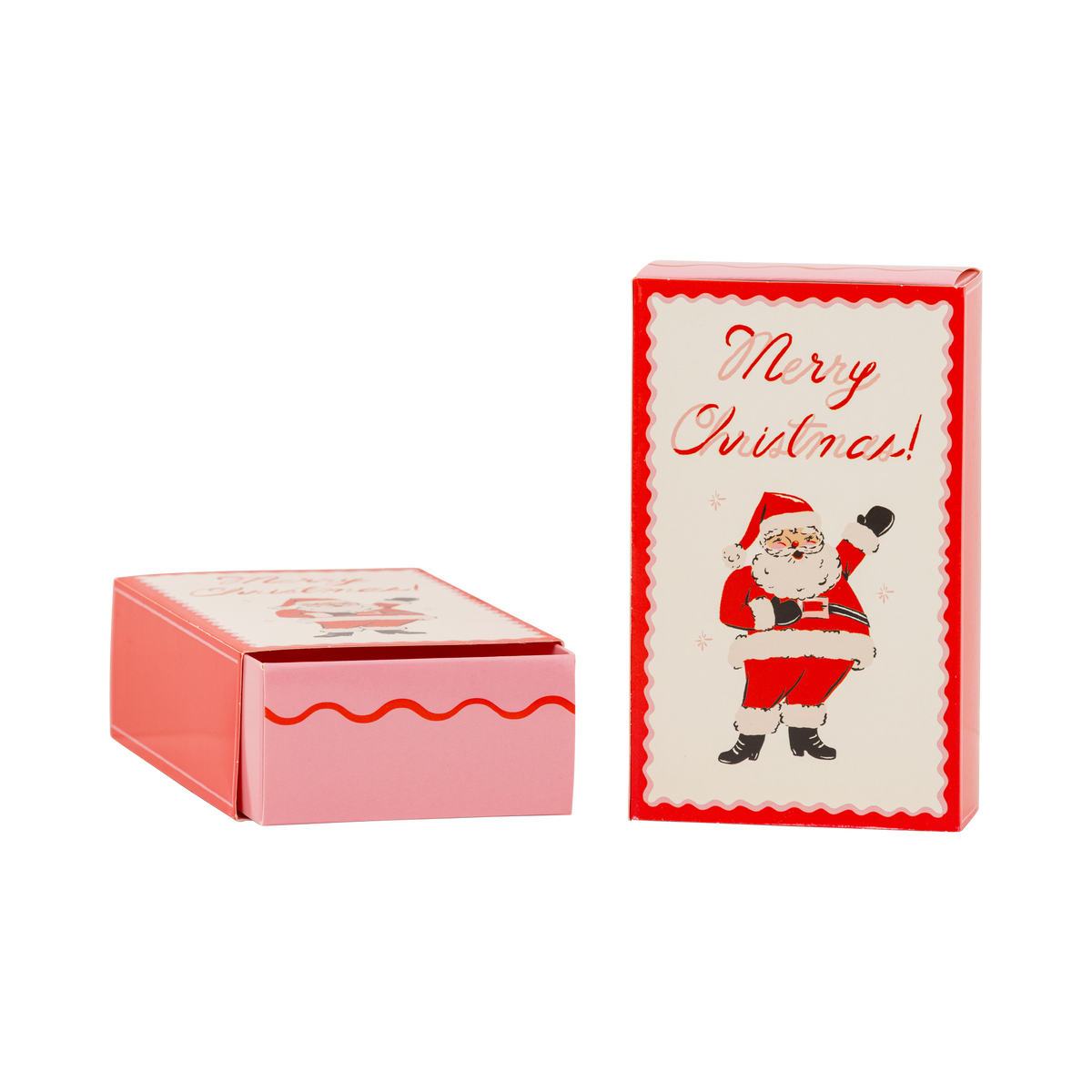 Red Merry Christmas treat box with waving vintage Santa shown open and closed