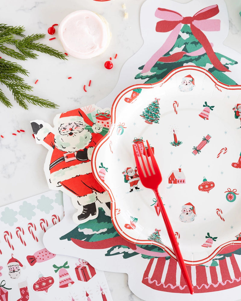 Vintage Santa napkins styled on a Christmas party table with holiday decor