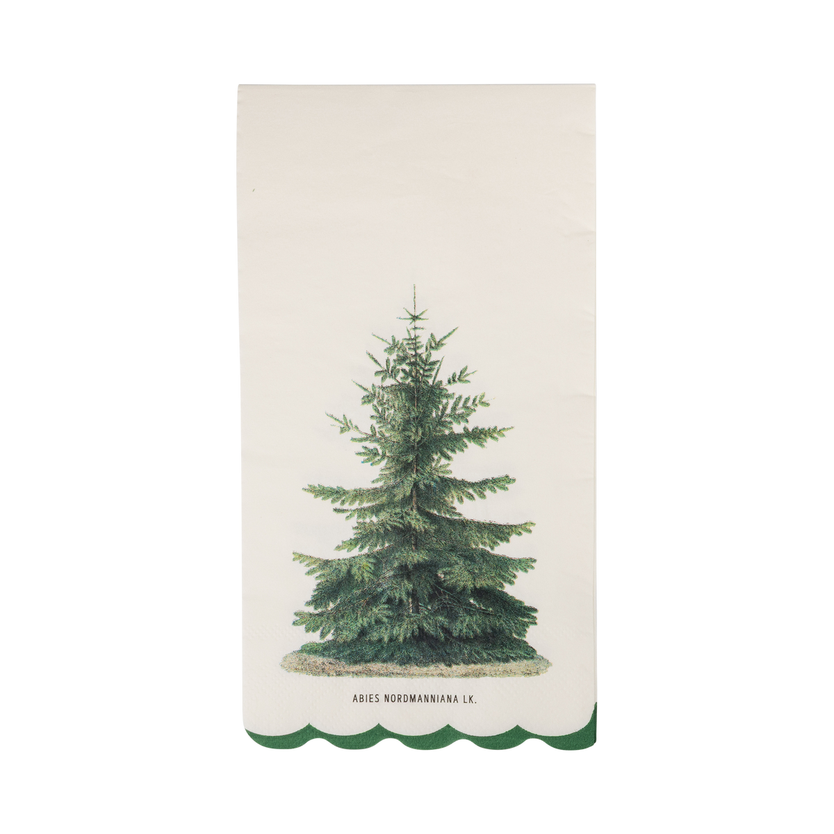 Cream paper dinner napkin with a vintage green Christmas tree and a green scalloped bottom edge.