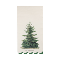 Cream paper dinner napkin with a vintage green Christmas tree and a green scalloped bottom edge.