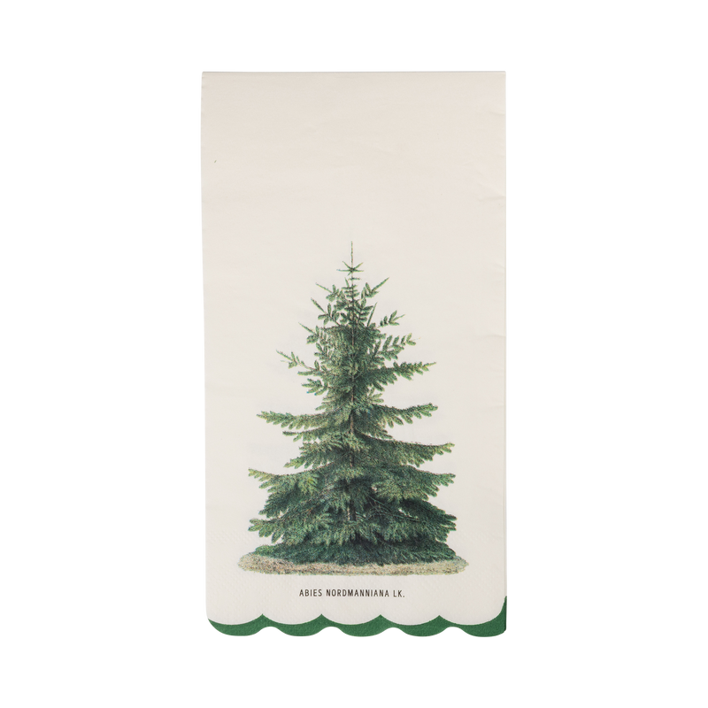 Cream paper dinner napkin with a vintage green Christmas tree and a green scalloped bottom edge.